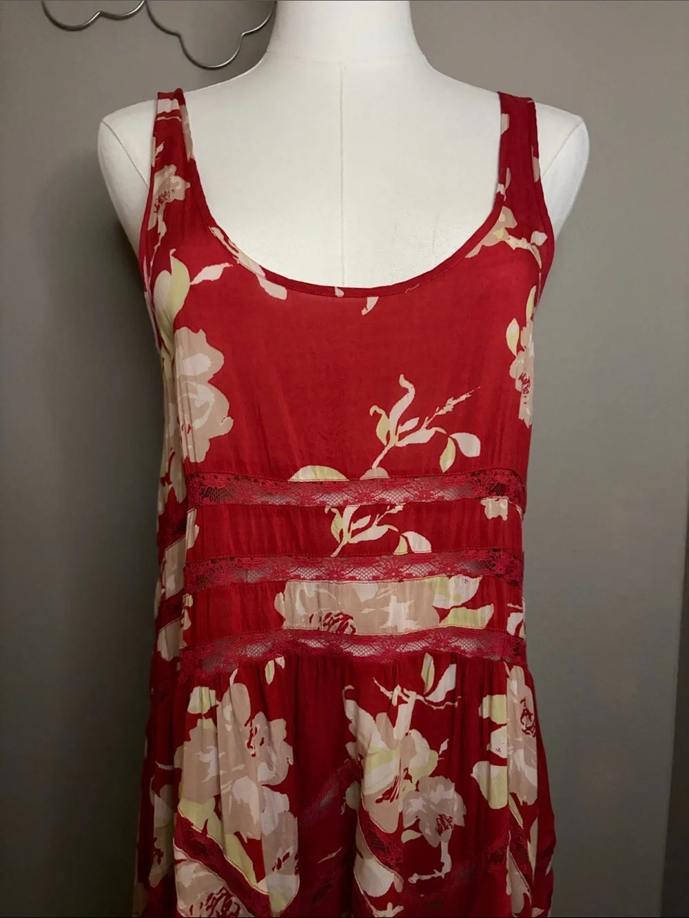 Free People Intimately She Swings Red Floral Lace Insert Mini Dress Size Small
